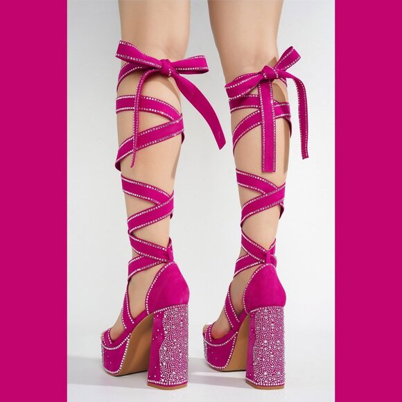 Extra Long Strap Rhinestone Platform Chunky Heel Shoes Hot Pink Fuchsia Rozie - Picture 6 of 9